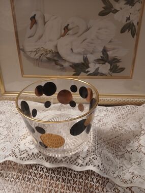 Ice bucket/ Serving Bowl With Black & Gold Polka Dots.
